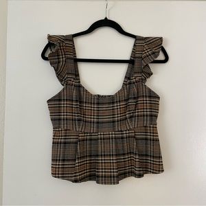 Leith Brown Plaid Ruffle Strap Sweetheart Neckline Cropped Tank
